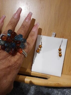 MASSIVE Aqua & Cognac Crystal Briolette Statement Ring With Dangle Earrings